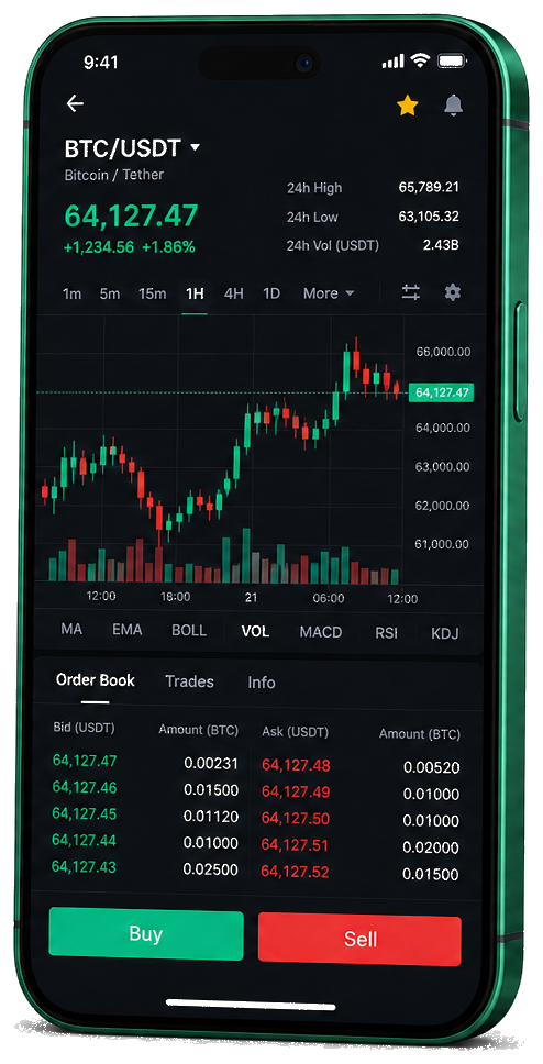 Mobiel handelsplatform van Neruno Lumori — live BTC/USDT-grafiek met orderboek en koop- en verkoopfuncties